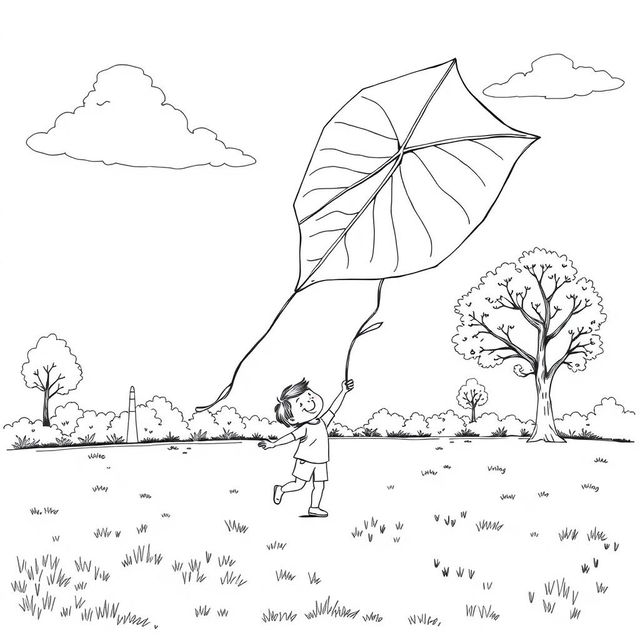 Black and white surreal coloring book illustration depicting a child joyfully flying a kite shaped like a giant leaf in a park