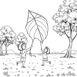 Black and white surreal coloring book illustration depicting a child joyfully flying a kite shaped like a giant leaf in a park