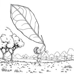 Black and white surreal coloring book illustration depicting a child joyfully flying a kite shaped like a giant leaf in a park