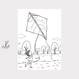 Black and white surreal coloring book illustration depicting a child joyfully flying a kite shaped like a giant leaf in a park