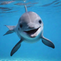 An adorable kawaii-style dolphin joyfully playing in crystal clear blue water. It has huge sparkling eyes, a rounded body, and a happy, playful expression on its face.