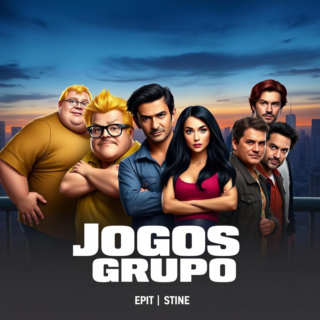 A movie poster for "Jogos Grupo" featuring a diverse group of seven characters