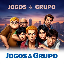 A movie poster for "Jogos Grupo" featuring a diverse group of seven characters