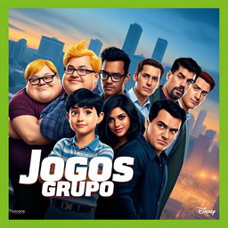 A movie poster for "Jogos Grupo" featuring a diverse group of seven characters