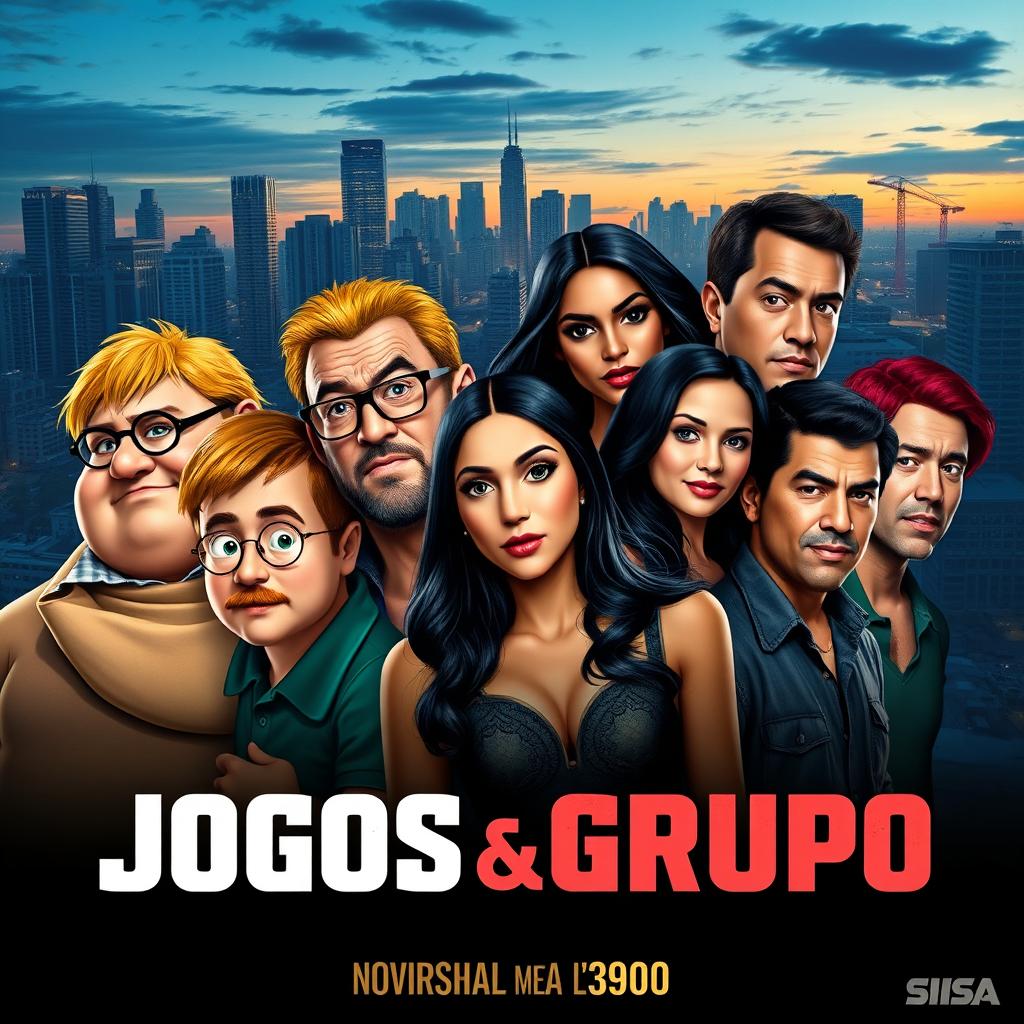 A movie poster for "Jogos Grupo" featuring a diverse group of seven characters