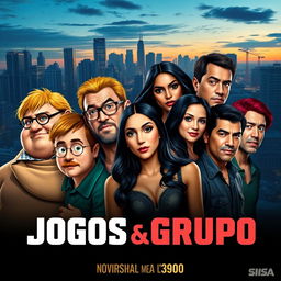 A movie poster for "Jogos Grupo" featuring a diverse group of seven characters