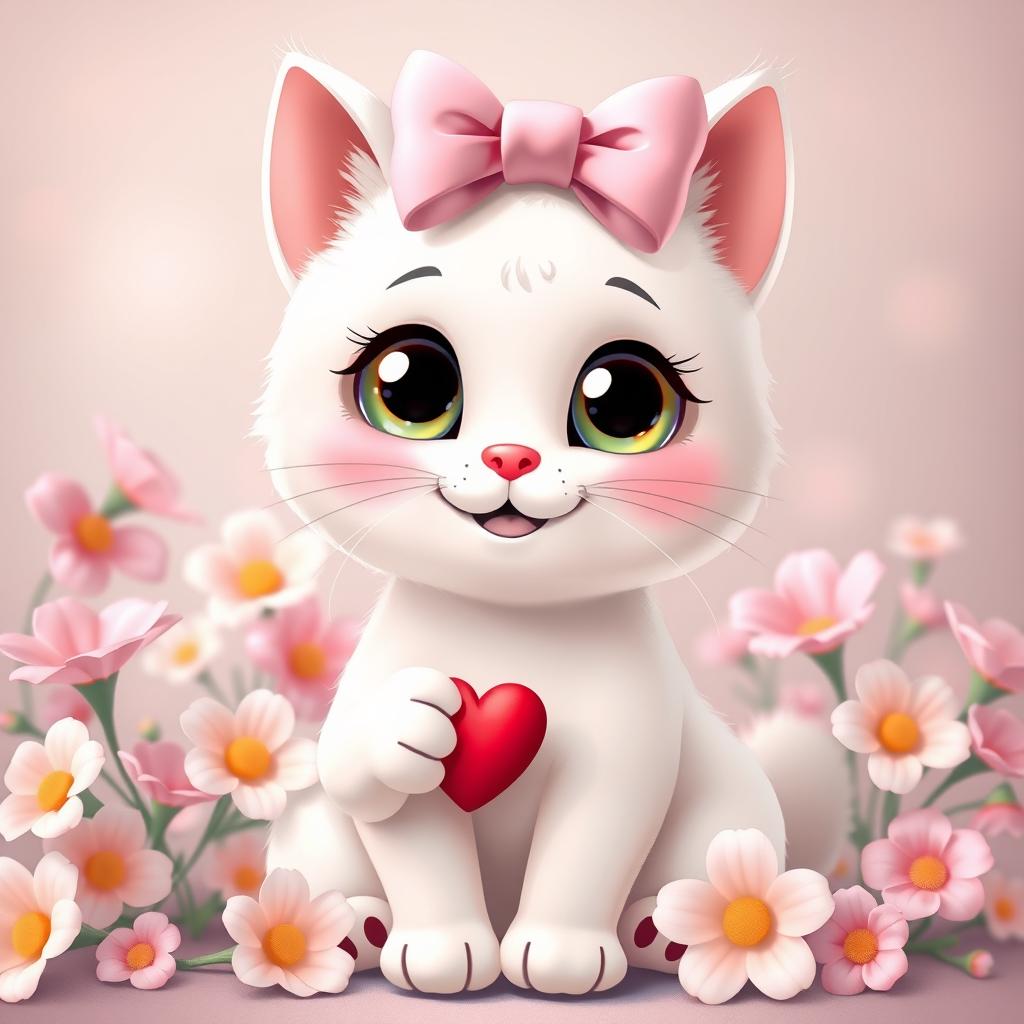 A cute and adorable cat with white fur and a pink bow on its head, big round eyes, sitting surrounded by pastel colored flowers