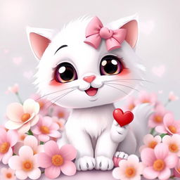 A cute and adorable cat with white fur and a pink bow on its head, big round eyes, sitting surrounded by pastel colored flowers