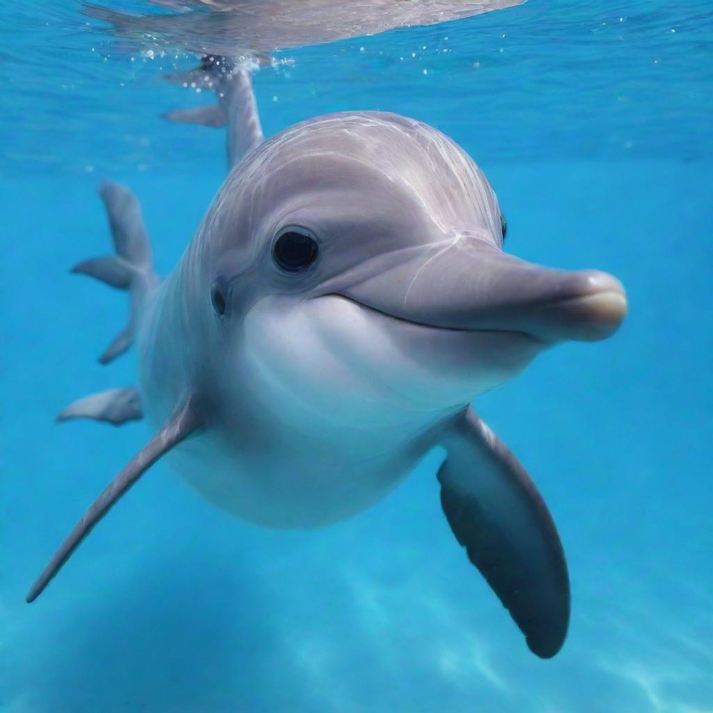 An adorable kawaii-style dolphin joyfully playing in crystal clear blue water. It has huge sparkling eyes, a rounded body, and a happy, playful expression on its face.