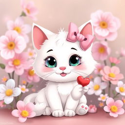 A cute and adorable cat with white fur and a pink bow on its head, big round eyes, sitting surrounded by pastel colored flowers