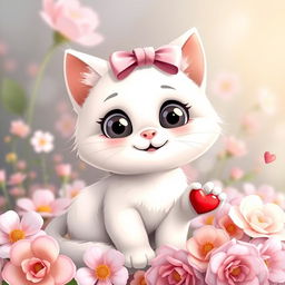 A cute and adorable cat with white fur and a pink bow on its head, big round eyes, sitting surrounded by pastel colored flowers