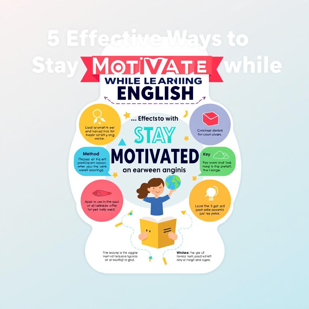 A colorful and engaging infographic showcasing "5 Effective Ways to Stay Motivated While Learning English"