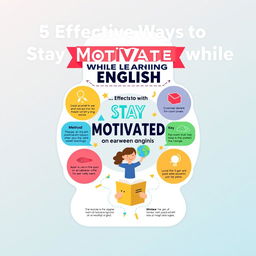 A colorful and engaging infographic showcasing "5 Effective Ways to Stay Motivated While Learning English"