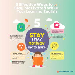 A colorful and engaging infographic showcasing "5 Effective Ways to Stay Motivated While Learning English"