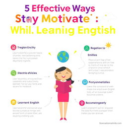 A colorful and engaging infographic showcasing "5 Effective Ways to Stay Motivated While Learning English"