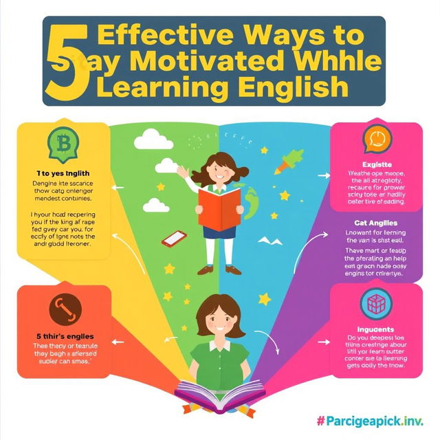 A colorful and engaging infographic showcasing "5 Effective Ways to Stay Motivated While Learning English"