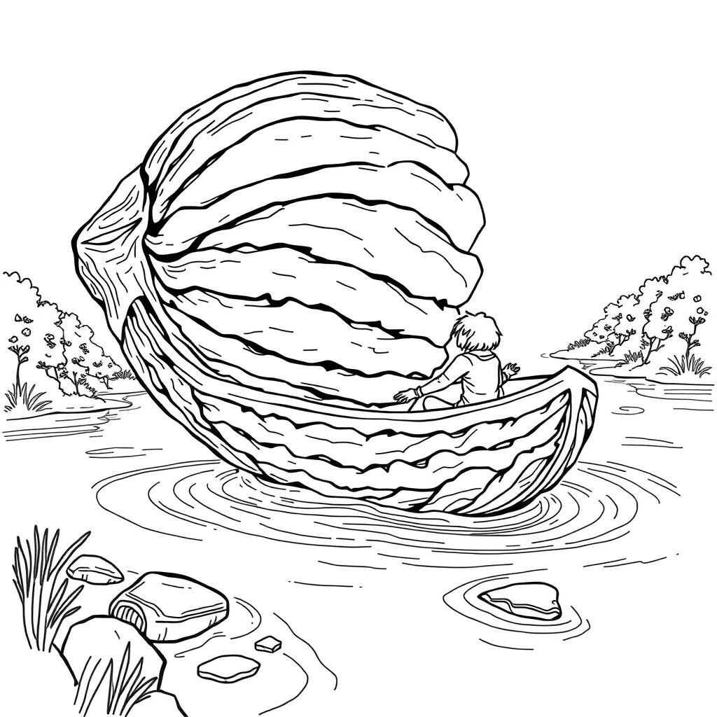 Black and white surreal coloring book illustration depicting a person crossing a river in a boat made from a giant walnut shell