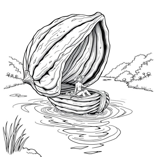 Black and white surreal coloring book illustration depicting a person crossing a river in a boat made from a giant walnut shell