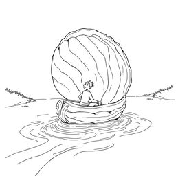 Black and white surreal coloring book illustration depicting a person crossing a river in a boat made from a giant walnut shell