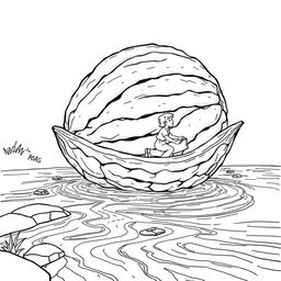 Black and white surreal coloring book illustration depicting a person crossing a river in a boat made from a giant walnut shell