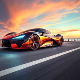 A futuristic sports car with dynamic, sleek graphics of flames and lightning bolts along its sides