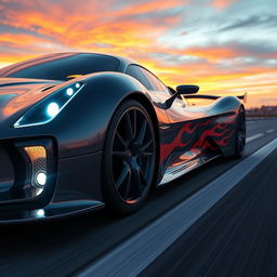 A futuristic sports car with dynamic, sleek graphics of flames and lightning bolts along its sides