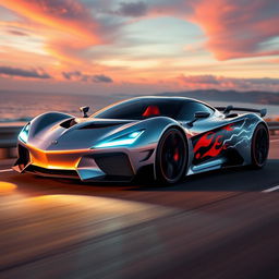 A futuristic sports car with dynamic, sleek graphics of flames and lightning bolts along its sides