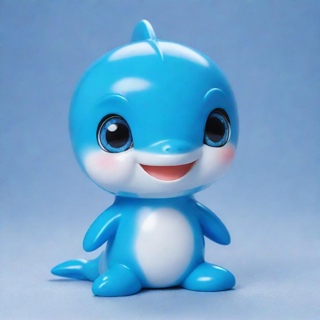 A charming kawaii-style dolphin with large expressive eyes and a sleek, rounded body. It radiates with a cheerful aura, glowing in lustrous shades of blue.