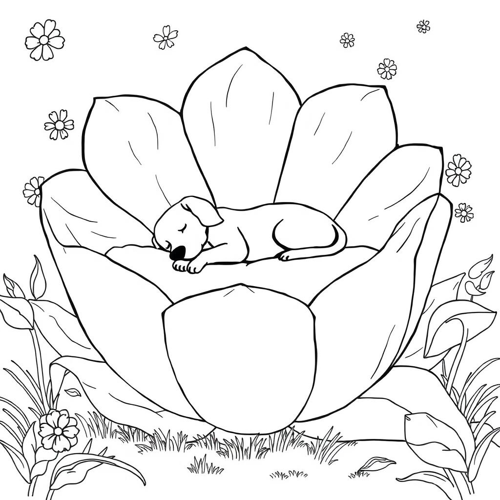 Black and white surreal coloring book illustration featuring a dog peacefully sleeping on a bed shaped like a giant flower with enormous petals