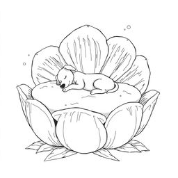 Black and white surreal coloring book illustration featuring a dog peacefully sleeping on a bed shaped like a giant flower with enormous petals