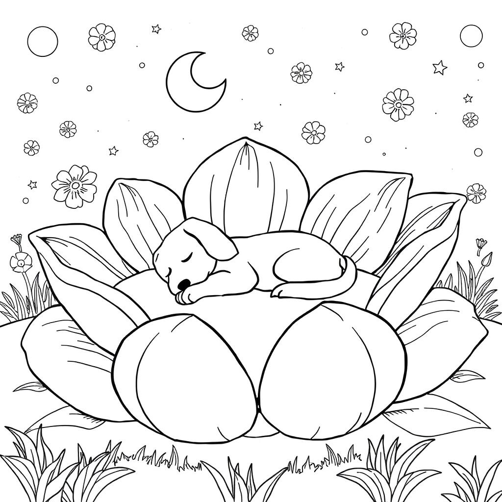 Black and white surreal coloring book illustration featuring a dog peacefully sleeping on a bed shaped like a giant flower with enormous petals