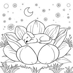 Black and white surreal coloring book illustration featuring a dog peacefully sleeping on a bed shaped like a giant flower with enormous petals