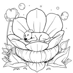 Black and white surreal coloring book illustration featuring a dog peacefully sleeping on a bed shaped like a giant flower with enormous petals