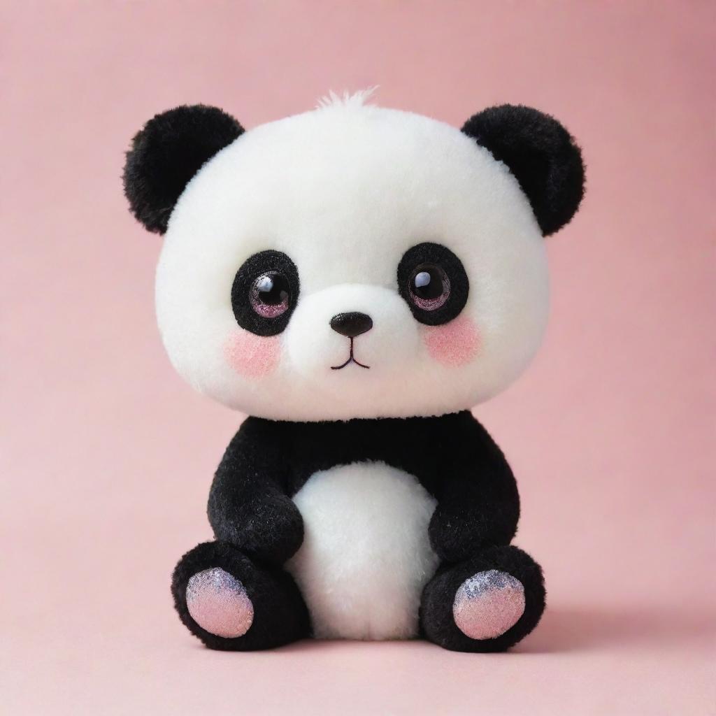 A lovable kawaii-style panda with large, sparkly eyes and a soft, round body. Its fur is a fluffy mixture of white and black, with a warm, friendly expression on its face.