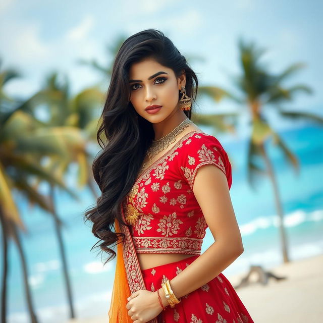 A stunning young woman in a traditional Indian red lehenga with intricate gold embroidery, standing elegantly on a beach