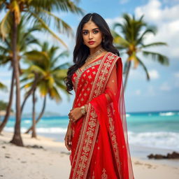 A stunning young woman in a traditional Indian red lehenga with intricate gold embroidery, standing elegantly on a beach