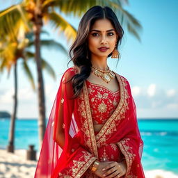 A stunning young woman in a traditional Indian red lehenga with intricate gold embroidery, standing elegantly on a beach