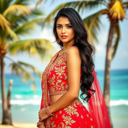 A stunning young woman in a traditional Indian red lehenga with intricate gold embroidery, standing elegantly on a beach