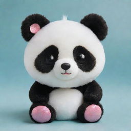 A lovable kawaii-style panda with large, sparkly eyes and a soft, round body. Its fur is a fluffy mixture of white and black, with a warm, friendly expression on its face.