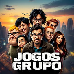 A movie poster for "Jogos Grupo" showcasing a diverse assembly of seven characters