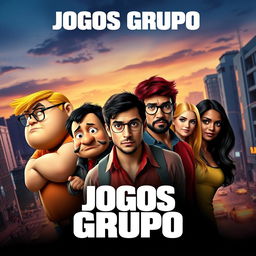 A movie poster for "Jogos Grupo" showcasing a diverse assembly of seven characters