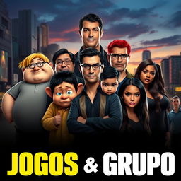 A movie poster for "Jogos Grupo" showcasing a diverse assembly of seven characters