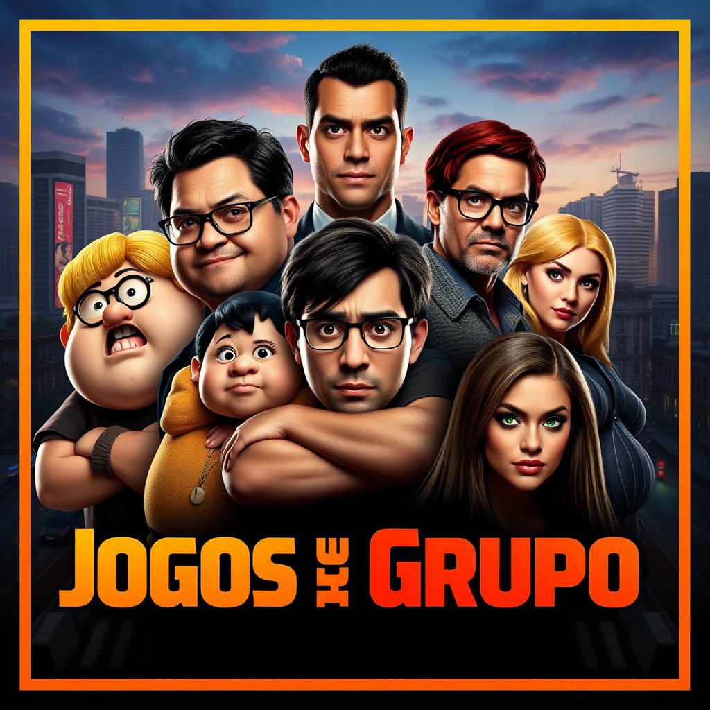 A movie poster for "Jogos Grupo" showcasing a diverse assembly of seven characters