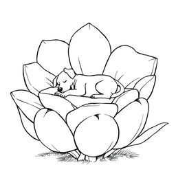 Black and white surreal coloring book illustration depicting a dog peacefully sleeping on a bed shaped like a giant flower with enormous, whimsical petals