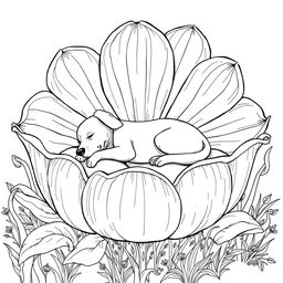 Black and white surreal coloring book illustration depicting a dog peacefully sleeping on a bed shaped like a giant flower with enormous, whimsical petals