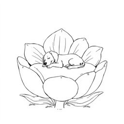 Black and white surreal coloring book illustration depicting a dog peacefully sleeping on a bed shaped like a giant flower with enormous, whimsical petals