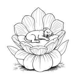 Black and white surreal coloring book illustration depicting a dog peacefully sleeping on a bed shaped like a giant flower with enormous, whimsical petals