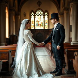 A historical wedding scene showcasing a couple in vintage attire