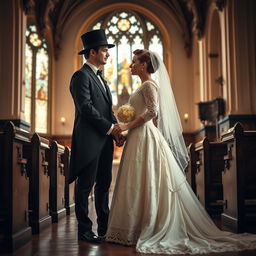 A historical wedding scene showcasing a couple in vintage attire