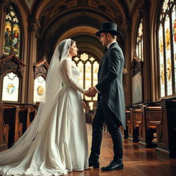 A historical wedding scene showcasing a couple in vintage attire